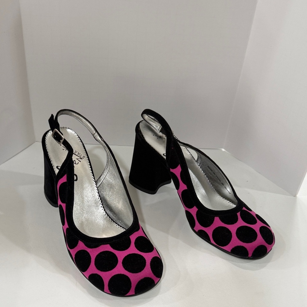 Seven Stars Black and Pink Velvet Polka Dot Heels